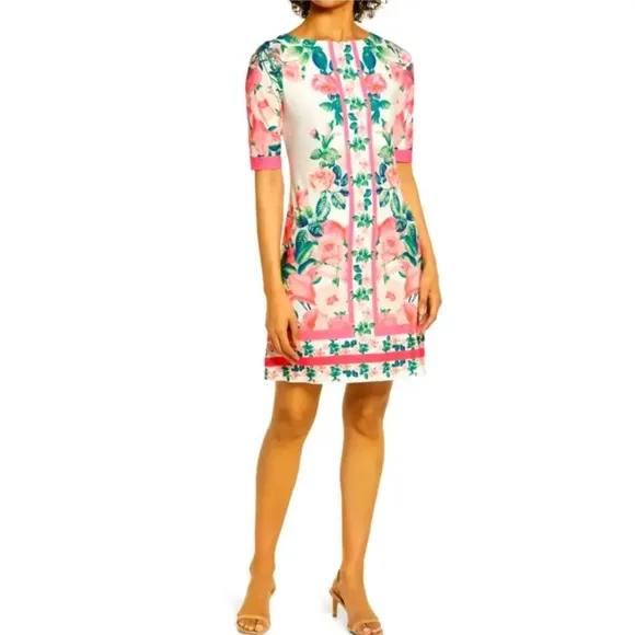 ❤️❤️ Eliza J Border Print Sheath Dress Ballet NeckElbow-Length Sleeve