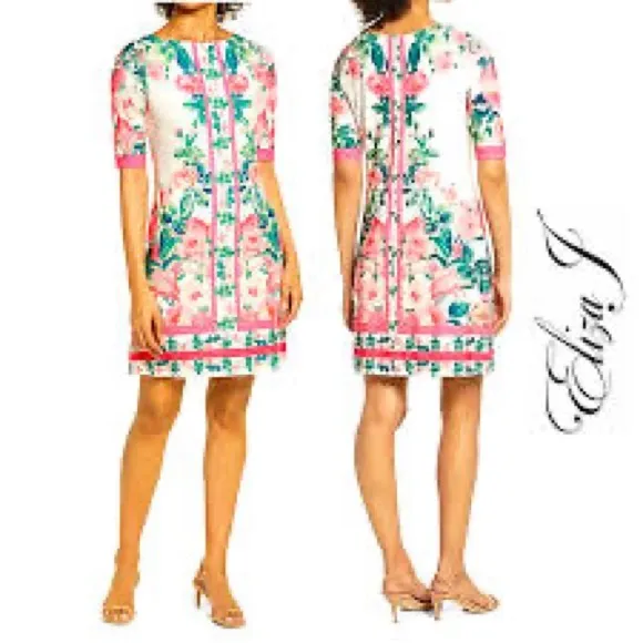 ❤️❤️ Eliza J Border Print Sheath Dress Ballet NeckElbow-Length Sleeve
