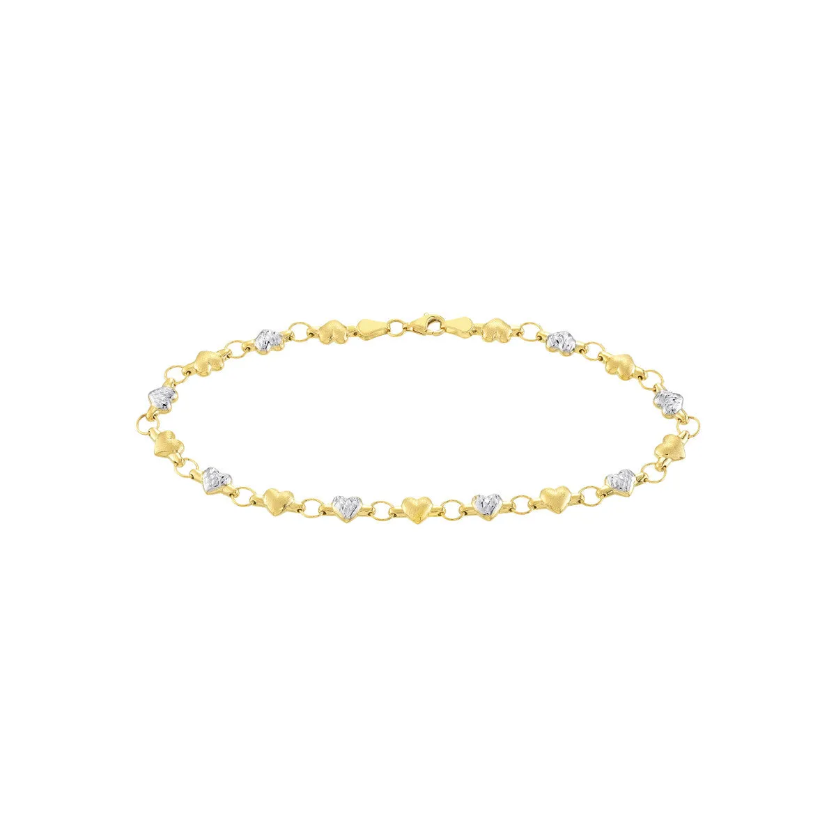 14k Gold Diamond Cut and Satin Hearts Ankle Bracelet