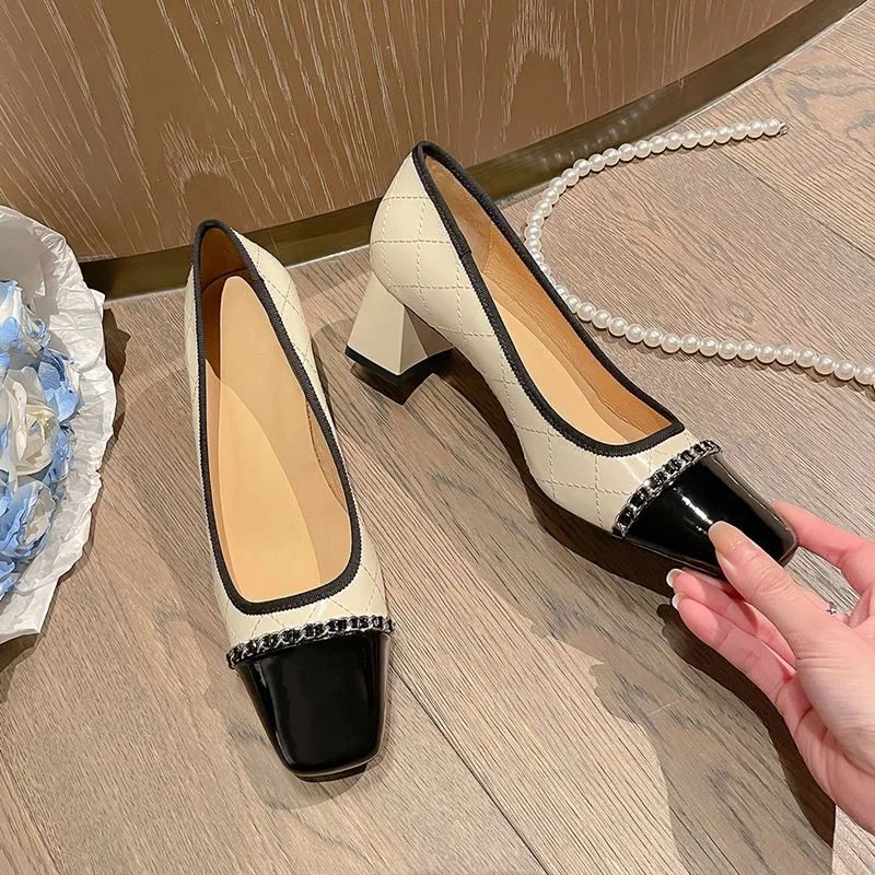 2023 New Arrival Chain Design Genuine Leather High Heel Shoes Spring Fashion Leisure Club Party Wedding Women Heels Shoes