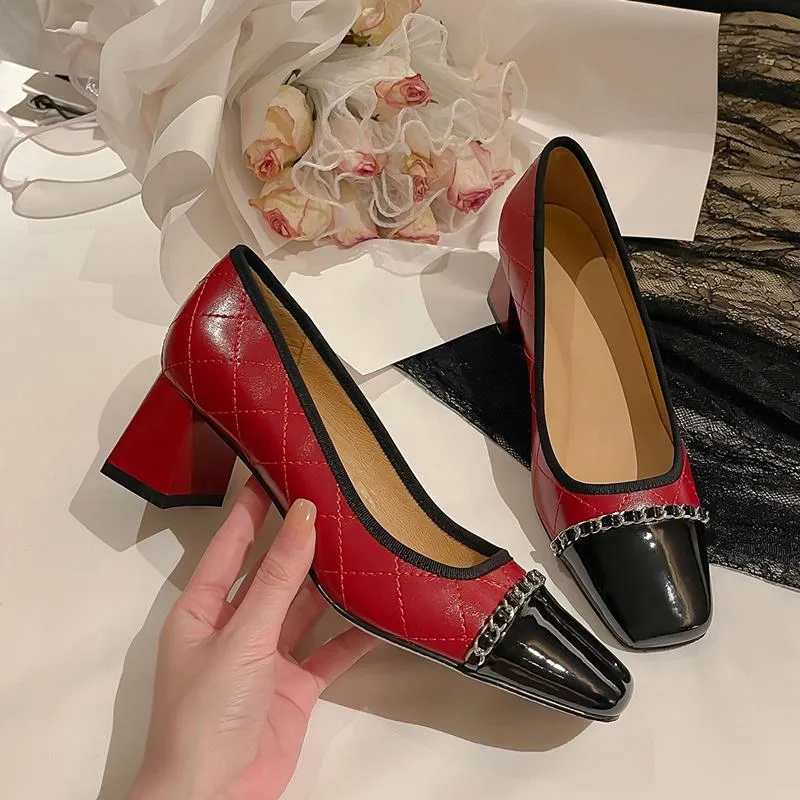 2023 New Arrival Chain Design Genuine Leather High Heel Shoes Spring Fashion Leisure Club Party Wedding Women Heels Shoes