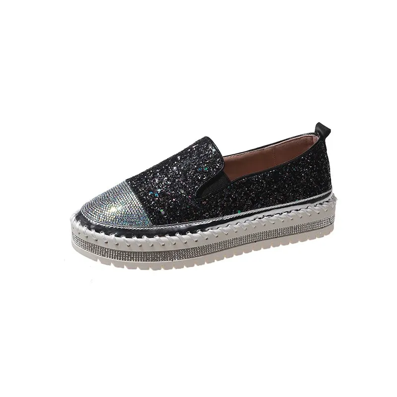 Aphixta 3cm Platform Crystals Round Toe Leather Flats Shoes Women Silver Bling Loafers Shoes Woman Flat With Students Size 43