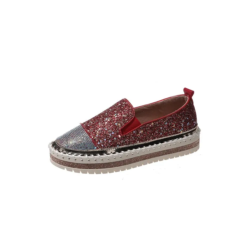 Aphixta 3cm Platform Crystals Round Toe Leather Flats Shoes Women Silver Bling Loafers Shoes Woman Flat With Students Size 43