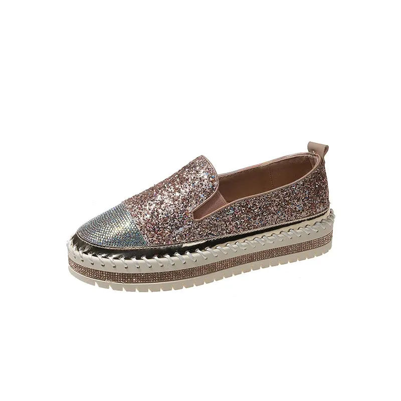 Aphixta 3cm Platform Crystals Round Toe Leather Flats Shoes Women Silver Bling Loafers Shoes Woman Flat With Students Size 43