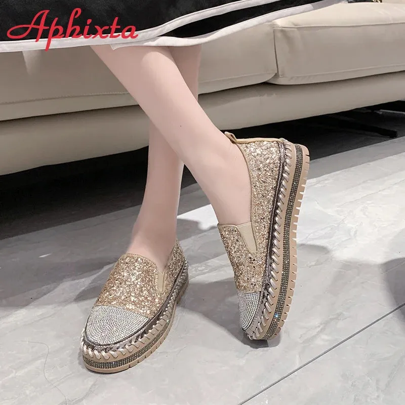 Aphixta Luxury Crystals Sequined Flat With Platform Shoes Loafers Flats Leather Couple Woman Students Shoes Plus Size 44