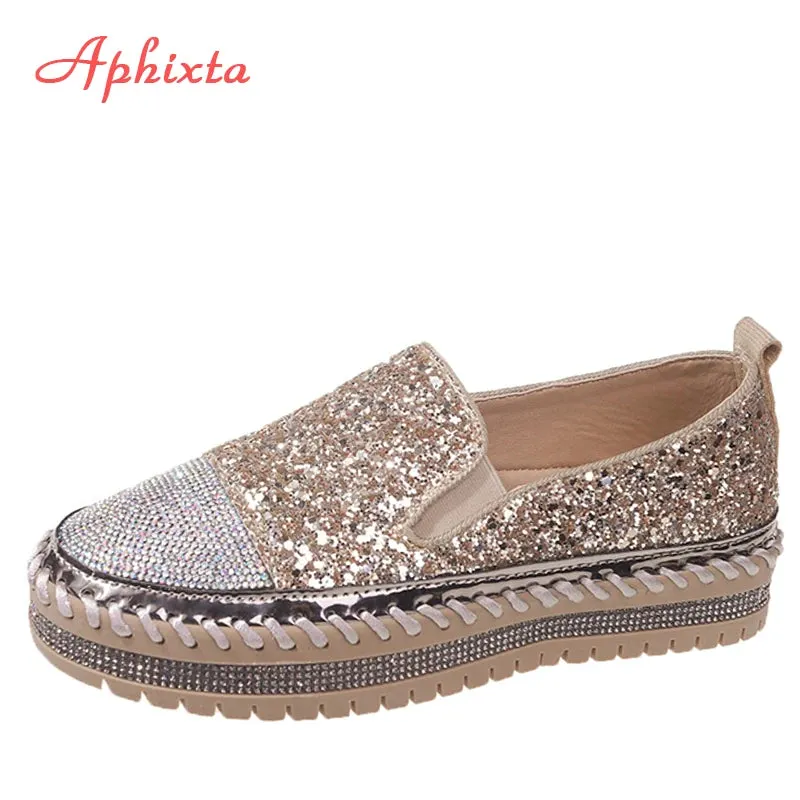 Aphixta Luxury Crystals Sequined Flat With Platform Shoes Loafers Flats Leather Couple Woman Students Shoes Plus Size 44