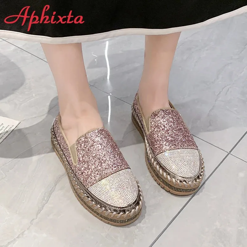 Aphixta Luxury Crystals Sequined Flat With Platform Shoes Loafers Flats Leather Couple Woman Students Shoes Plus Size 44