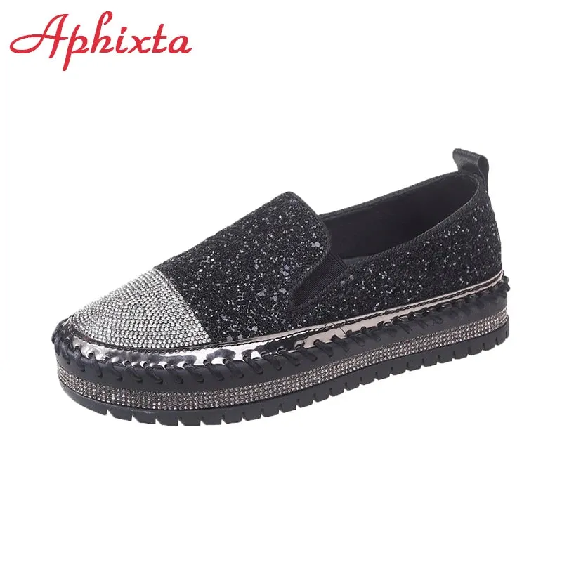 Aphixta Luxury Crystals Sequined Flat With Platform Shoes Loafers Flats Leather Couple Woman Students Shoes Plus Size 44