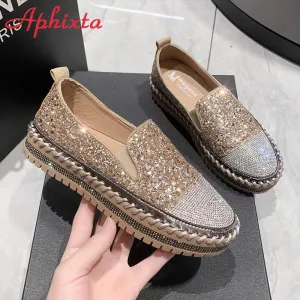 Aphixta Luxury Crystals Sequined Flat With Platform Shoes Loafers Flats Leather Couple Woman Students Shoes Plus Size 44