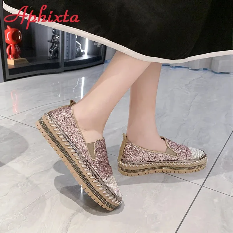Aphixta Luxury Crystals Sequined Flat With Platform Shoes Loafers Flats Leather Couple Woman Students Shoes Plus Size 44
