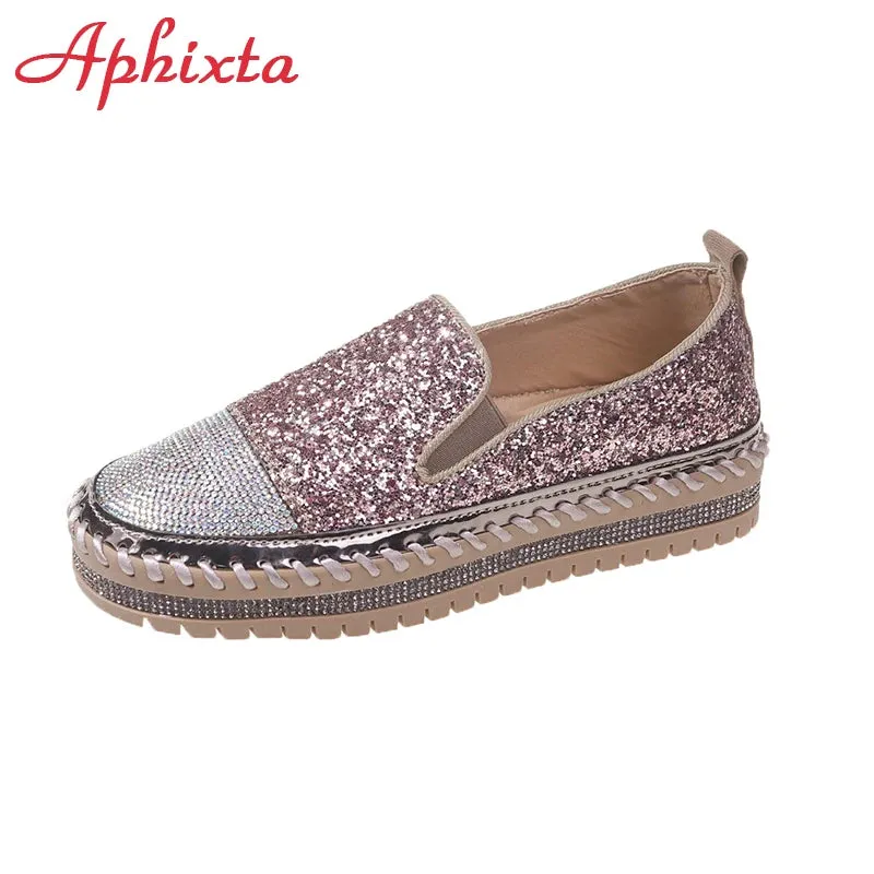 Aphixta Luxury Crystals Sequined Flat With Platform Shoes Loafers Flats Leather Couple Woman Students Shoes Plus Size 44
