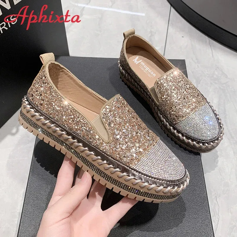 Aphixta Luxury Crystals Sequined Flat With Platform Shoes Loafers Flats Leather Couple Woman Students Shoes Plus Size 44