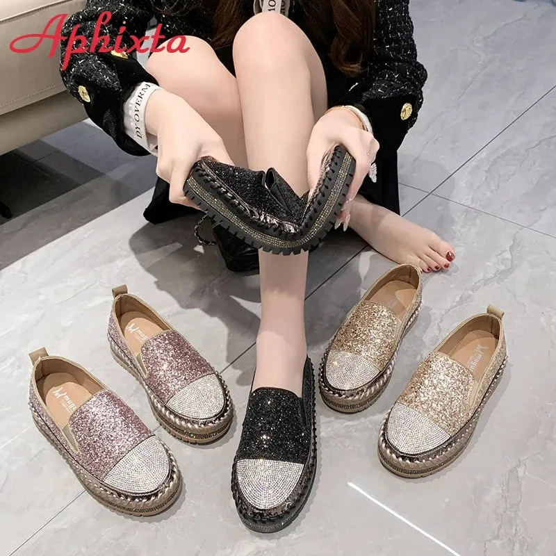 Aphixta Luxury Crystals Sequined Flat With Platform Shoes Loafers Flats Leather Couple Woman Students Shoes Plus Size 44