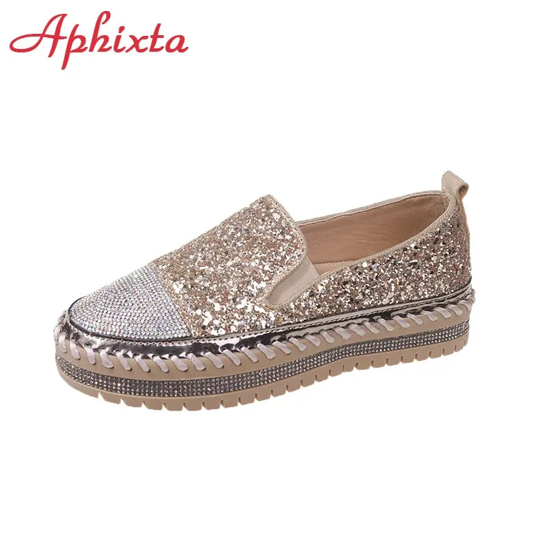 Aphixta Luxury Crystals Sequined Flat With Platform Shoes Loafers Flats Leather Couple Woman Students Shoes Plus Size 44