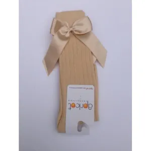 APRICOT - Ribbed Knee High Bow Socks - Light Camel