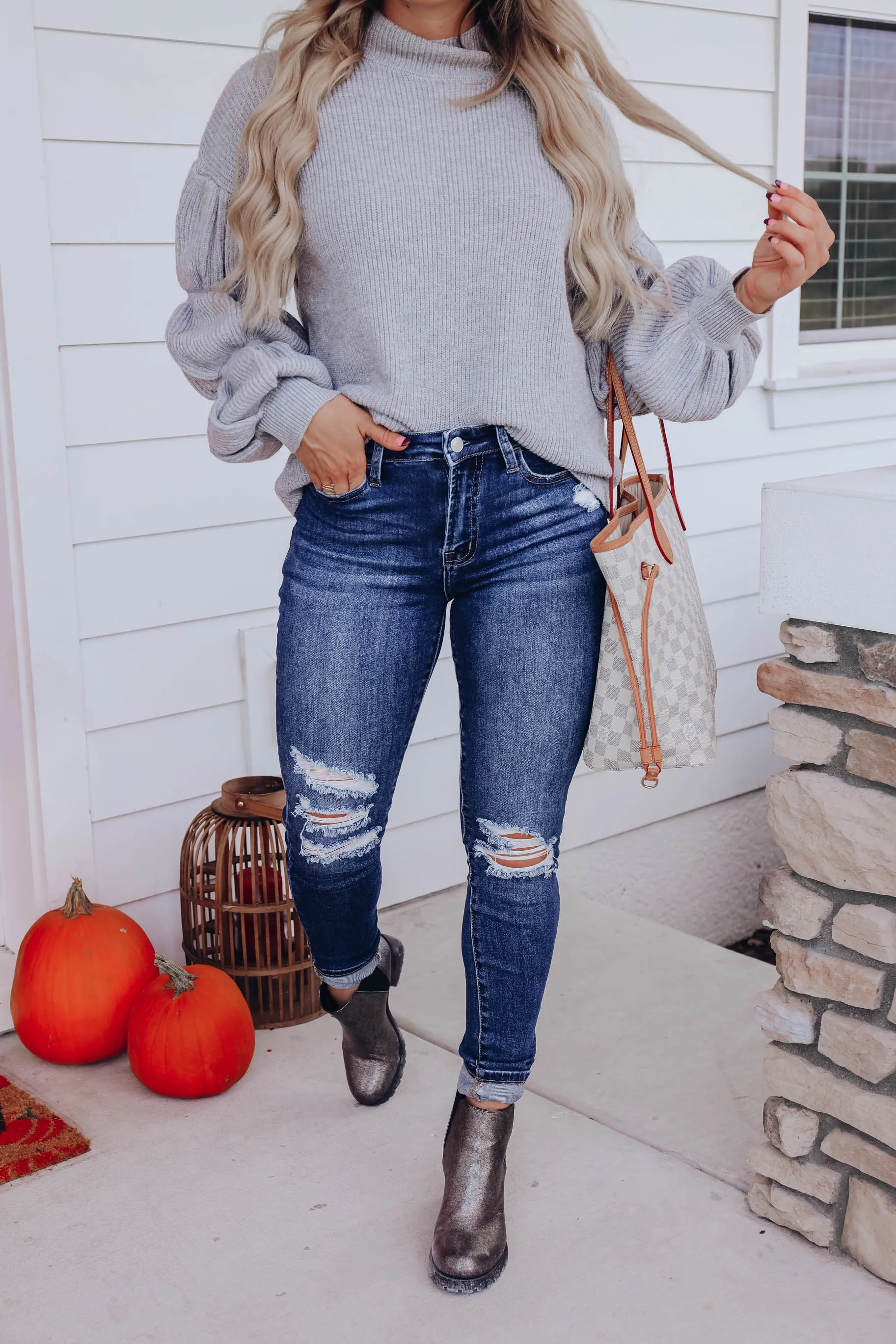 Autumn's Beginning Puff Sleeve Sweater - Grey