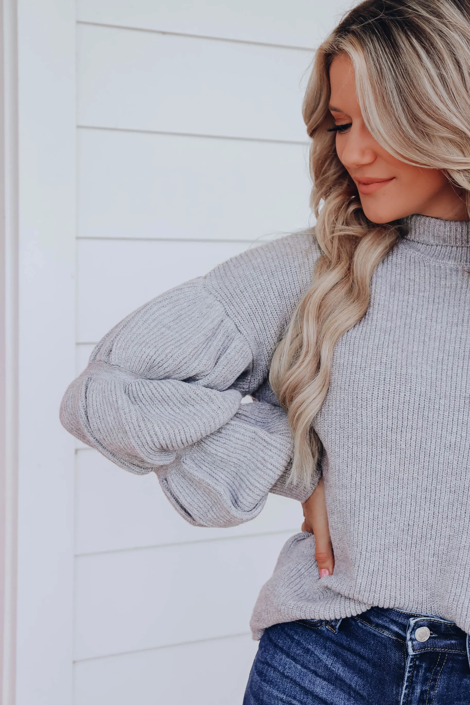 Autumn's Beginning Puff Sleeve Sweater - Grey