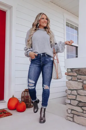 Autumn's Beginning Puff Sleeve Sweater - Grey