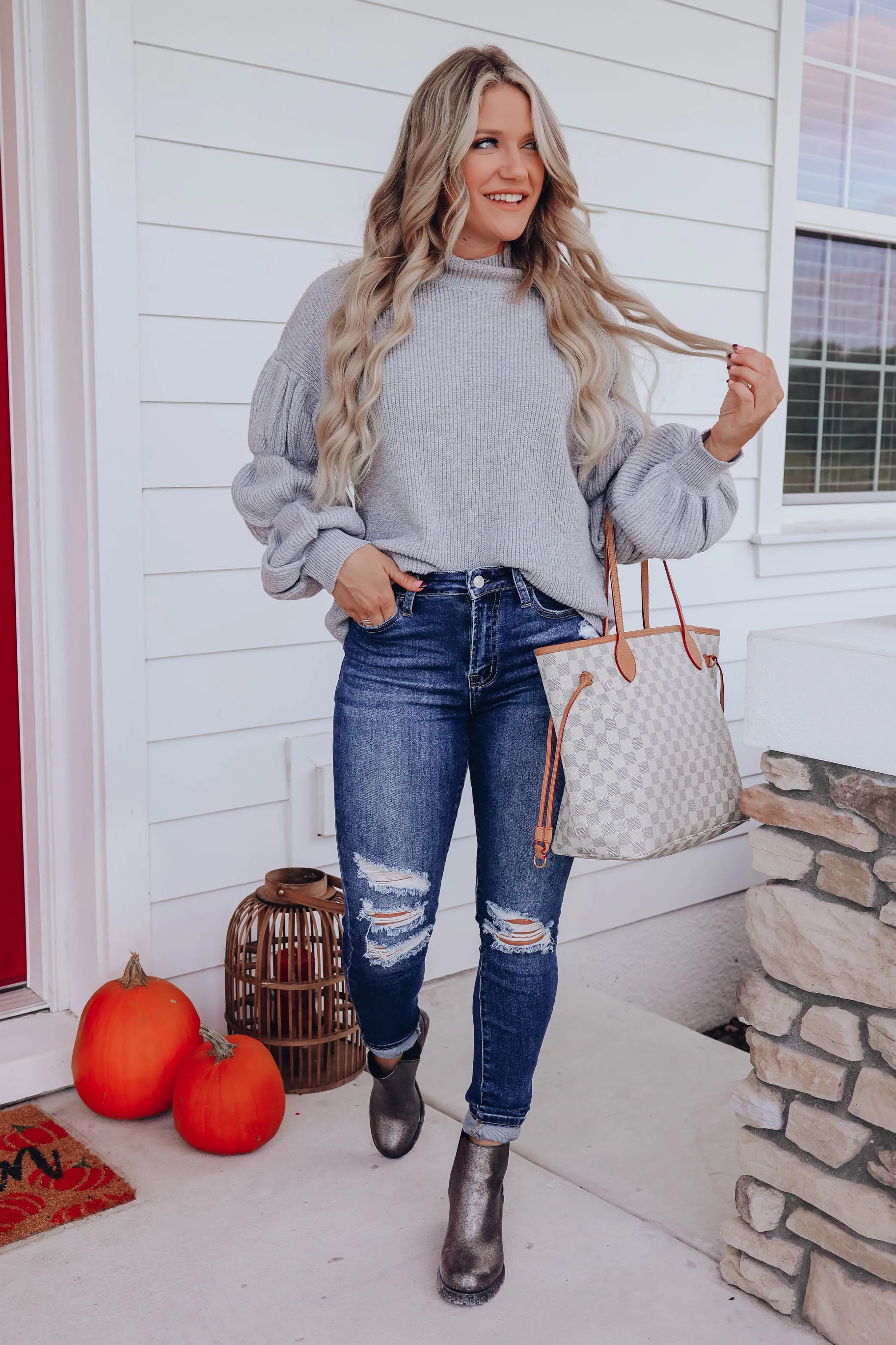 Autumn's Beginning Puff Sleeve Sweater - Grey