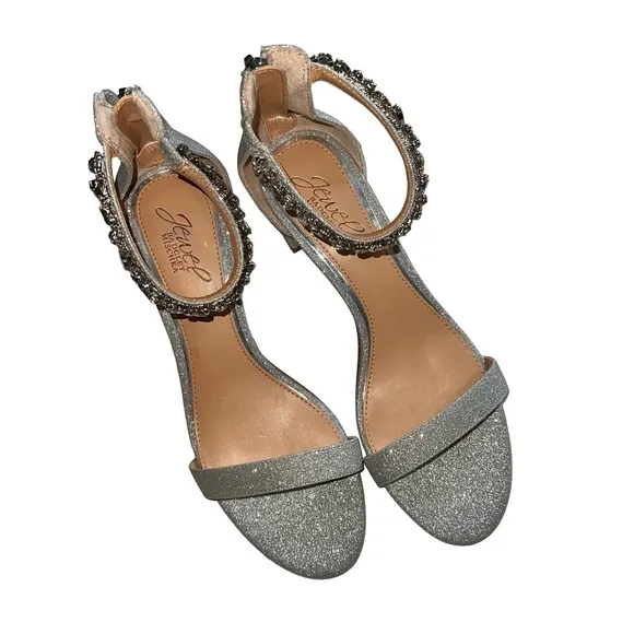 Badgley Mischka Mayra Silver Glitter Rhinestone Ankle Strap Heels 8