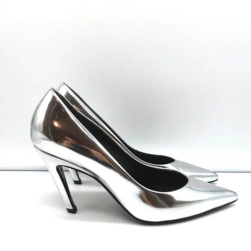 Balenciaga Broken Mirror Heels Silver Metallic Leather Size 37.5 Point-Toe Pumps