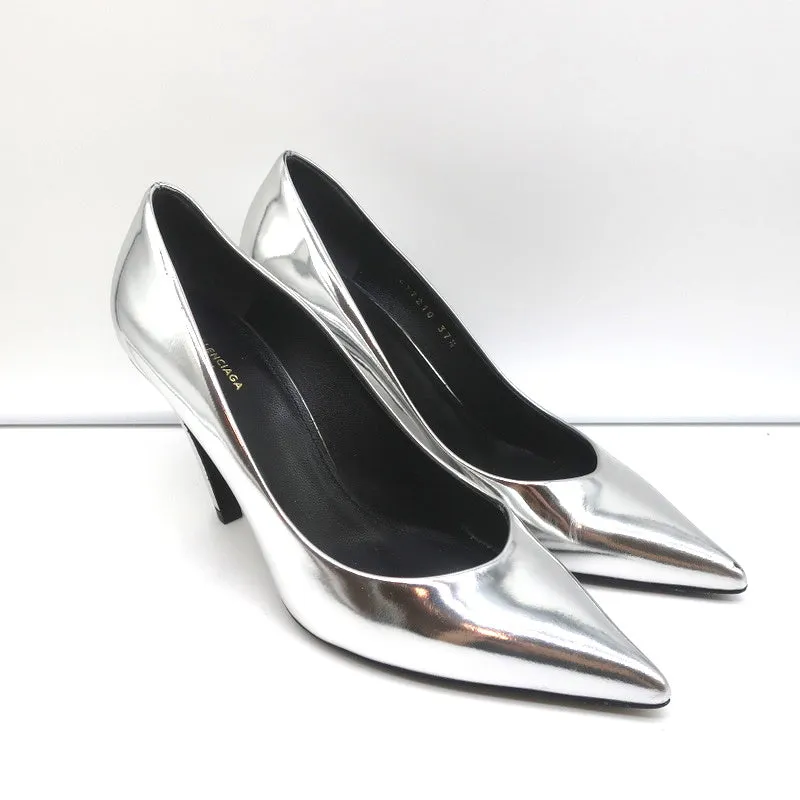 Balenciaga Broken Mirror Heels Silver Metallic Leather Size 37.5 Point-Toe Pumps