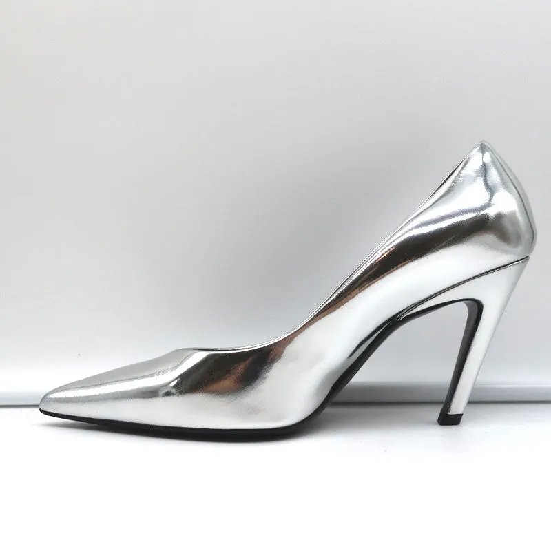 Balenciaga Broken Mirror Heels Silver Metallic Leather Size 37.5 Point-Toe Pumps