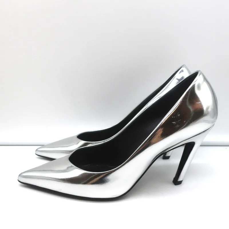 Balenciaga Broken Mirror Heels Silver Metallic Leather Size 37.5 Point-Toe Pumps
