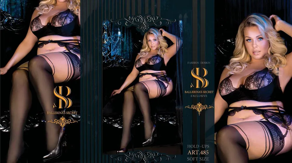 Ballerina 485 Hold Ups Stockings Plus Size Black Skin (XL)