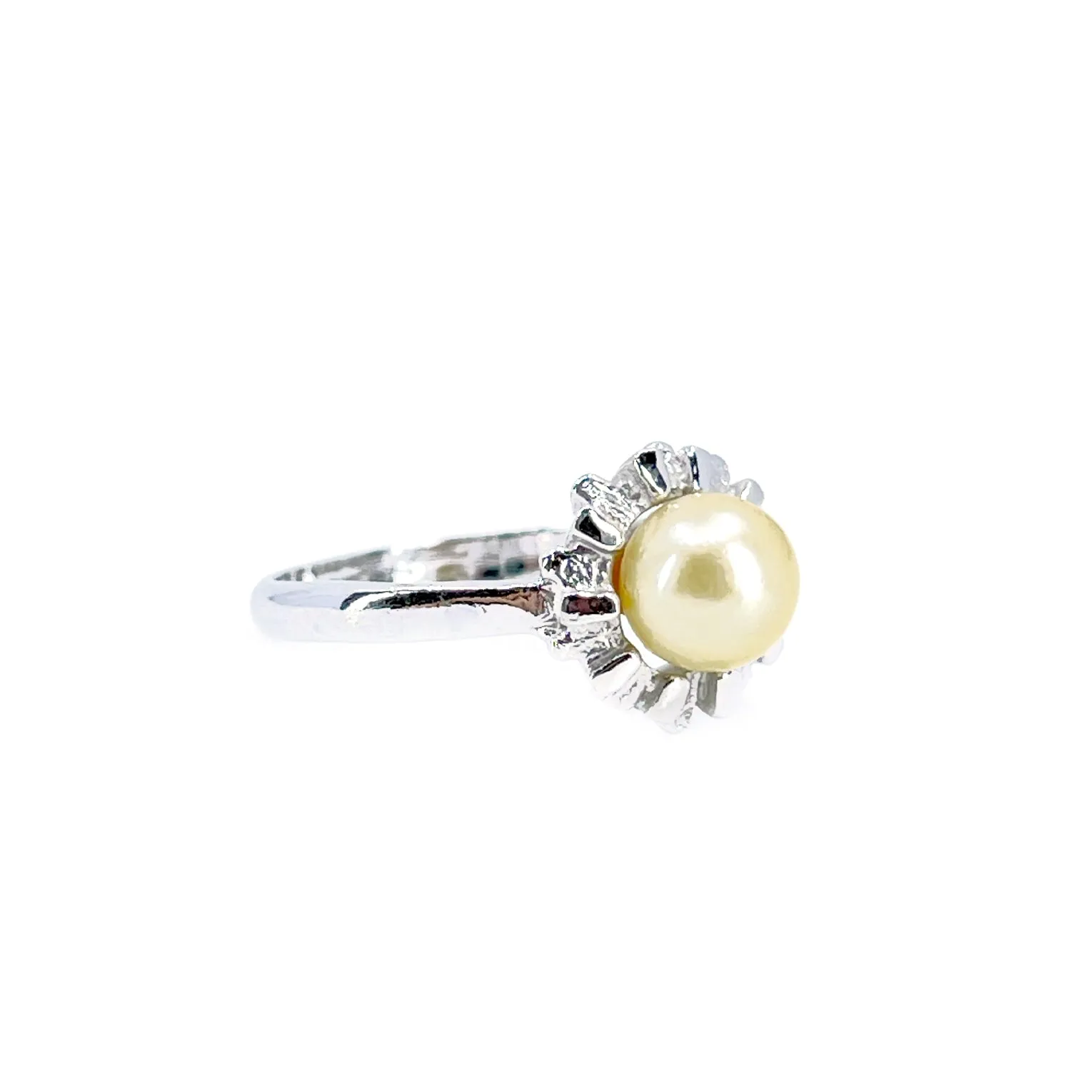 Ballerina Vintage Japanese Saltwater Cultured Akoya Pearl Halo Ring- Sterling Silver Sz 7 1/4