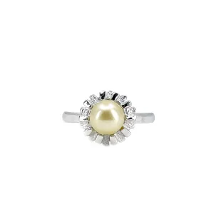 Ballerina Vintage Japanese Saltwater Cultured Akoya Pearl Halo Ring- Sterling Silver Sz 7 1/4