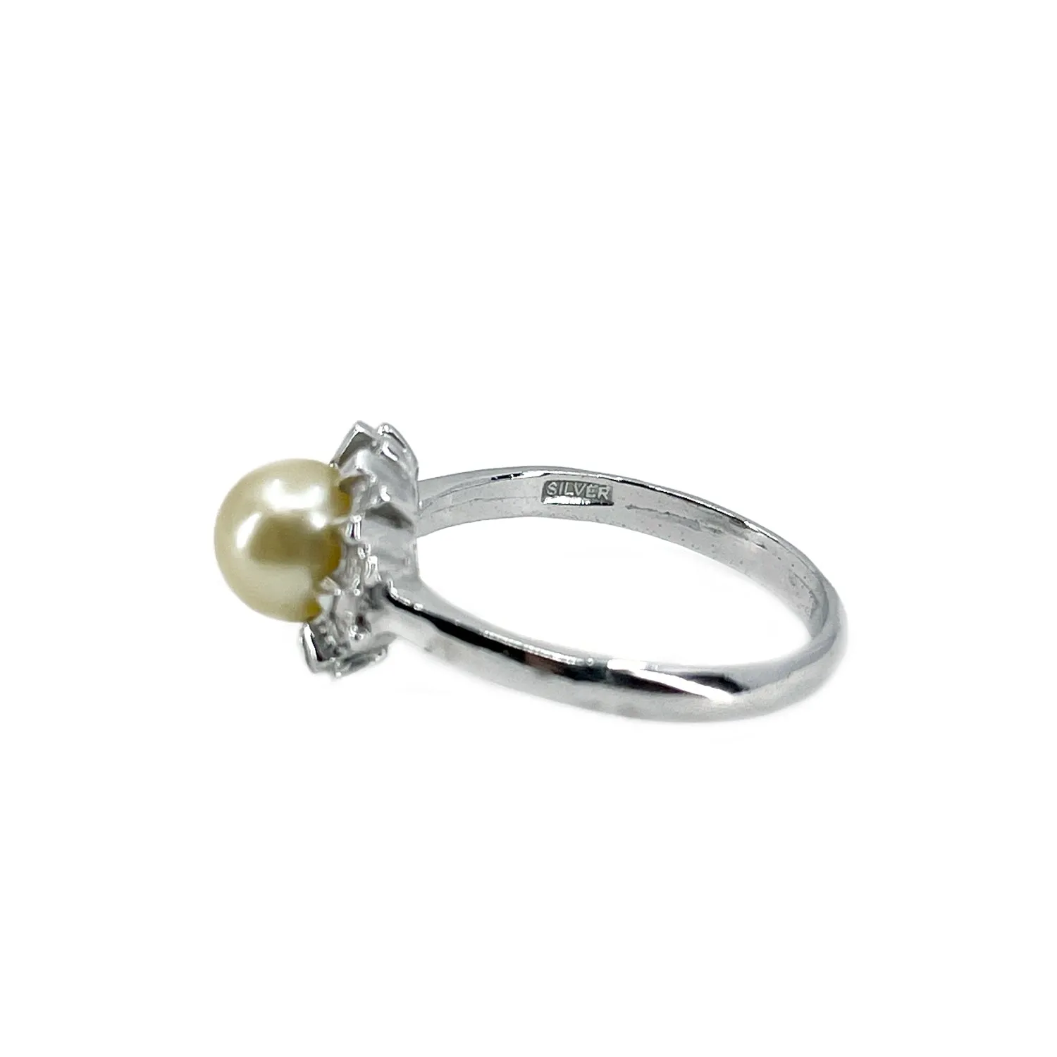 Ballerina Vintage Japanese Saltwater Cultured Akoya Pearl Halo Ring- Sterling Silver Sz 7 1/4