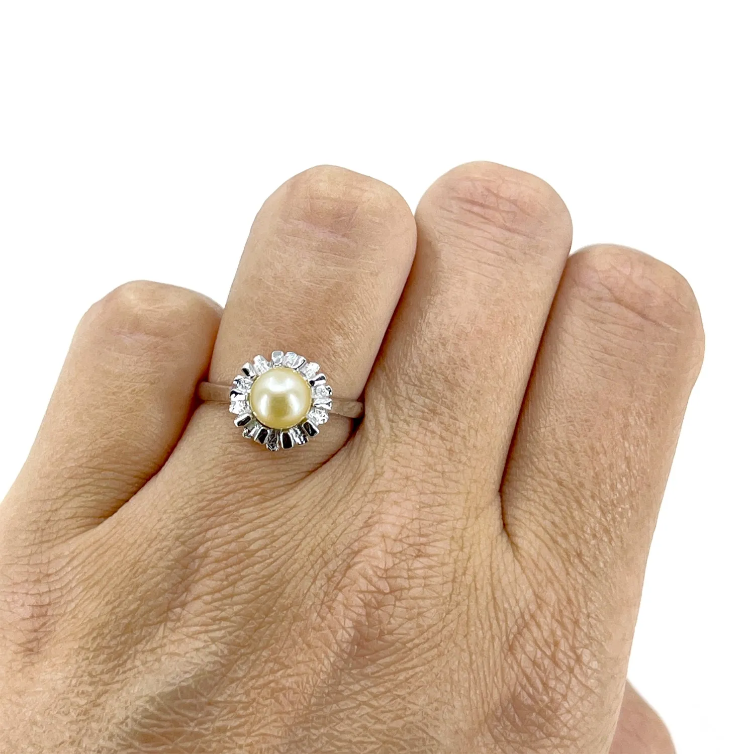 Ballerina Vintage Japanese Saltwater Cultured Akoya Pearl Halo Ring- Sterling Silver Sz 7 1/4