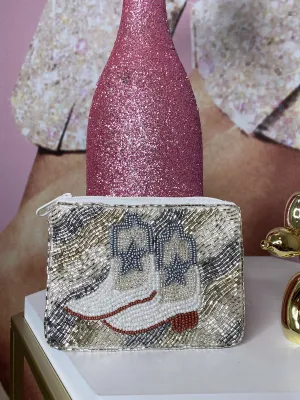 Beaded Coin Purse Cowboy Boots, Silver