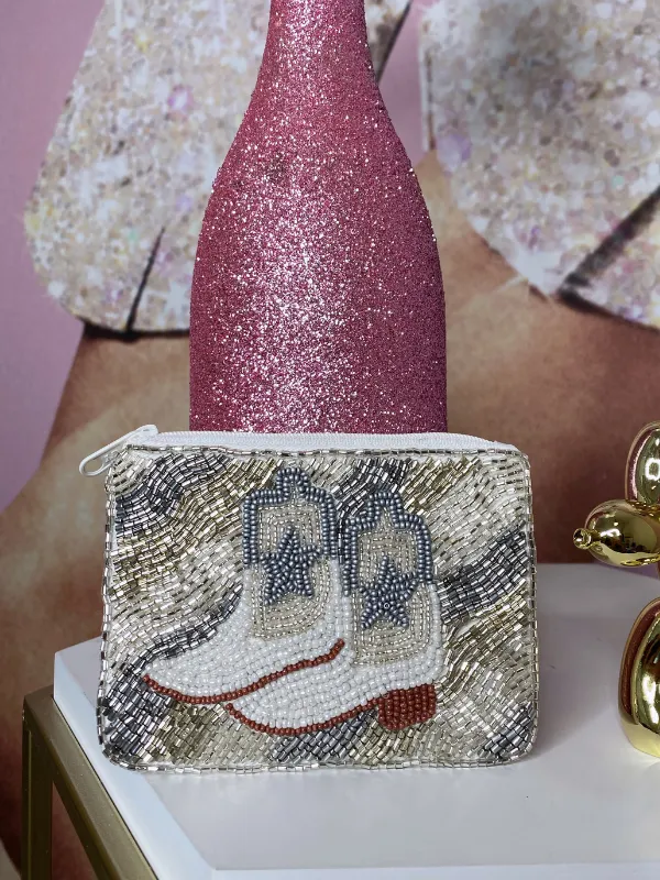 Beaded Coin Purse Cowboy Boots, Silver