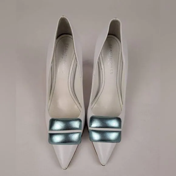 BEAUTIISOLES Women's White Italian Leather Stiletto Pumps Shoe Size 7.5