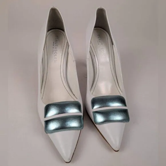 BEAUTIISOLES Women's White Italian Leather Stiletto Pumps Shoe Size 7.5