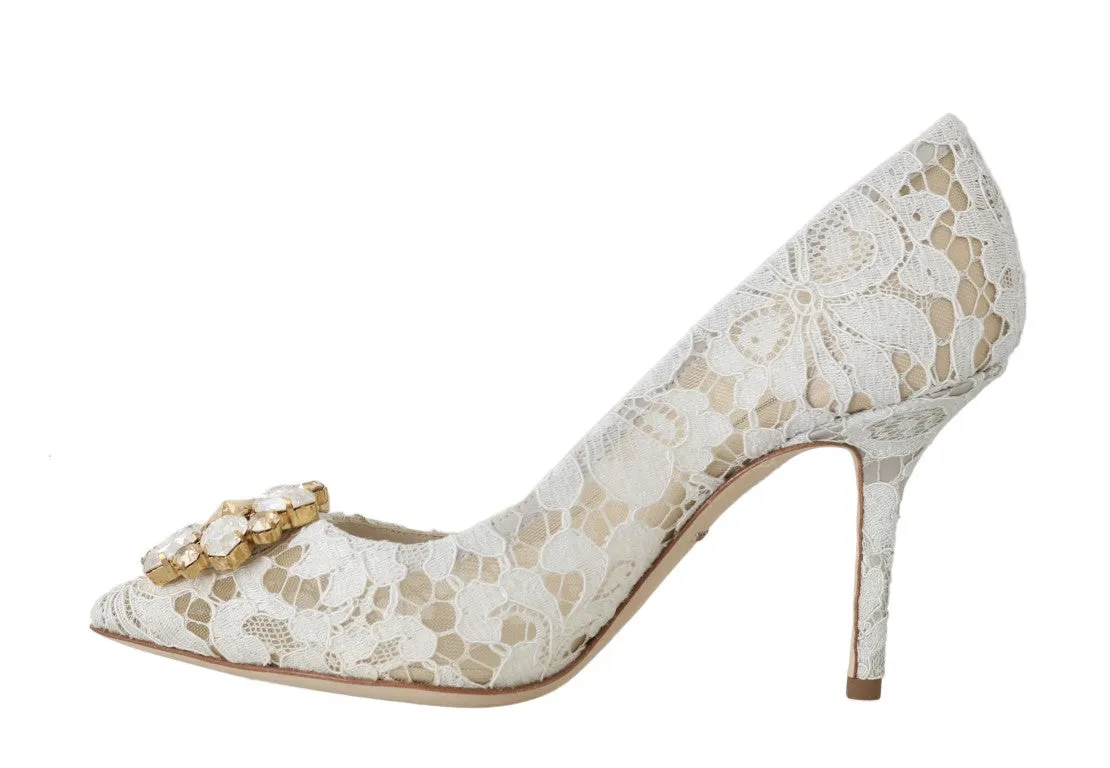 Beige Pizzo Lace Crystal Heels Pumps Shoes
