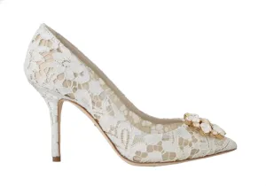 Beige Pizzo Lace Crystal Heels Pumps Shoes