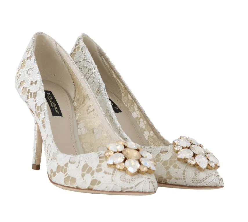 Beige Pizzo Lace Crystal Heels Pumps Shoes