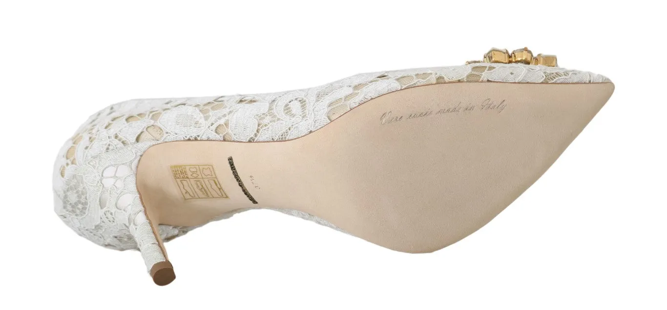 Beige Pizzo Lace Crystal Heels Pumps Shoes