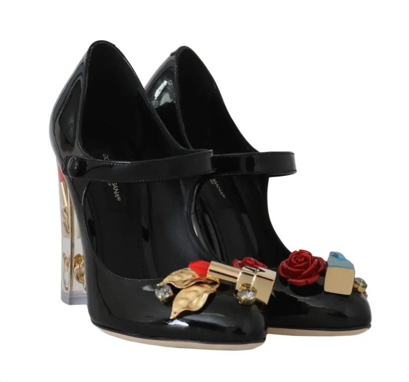 Black Leather Lipstick Heels Crystal Pumps