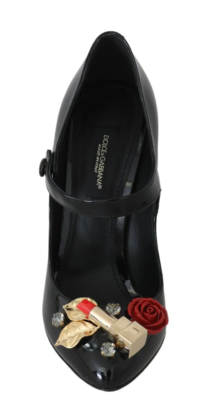 Black Leather Lipstick Heels Crystal Pumps