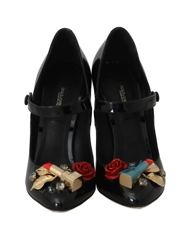 Black Leather Lipstick Heels Crystal Pumps