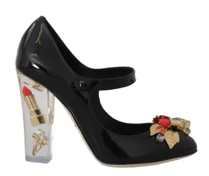 Black Leather Lipstick Heels Crystal Pumps