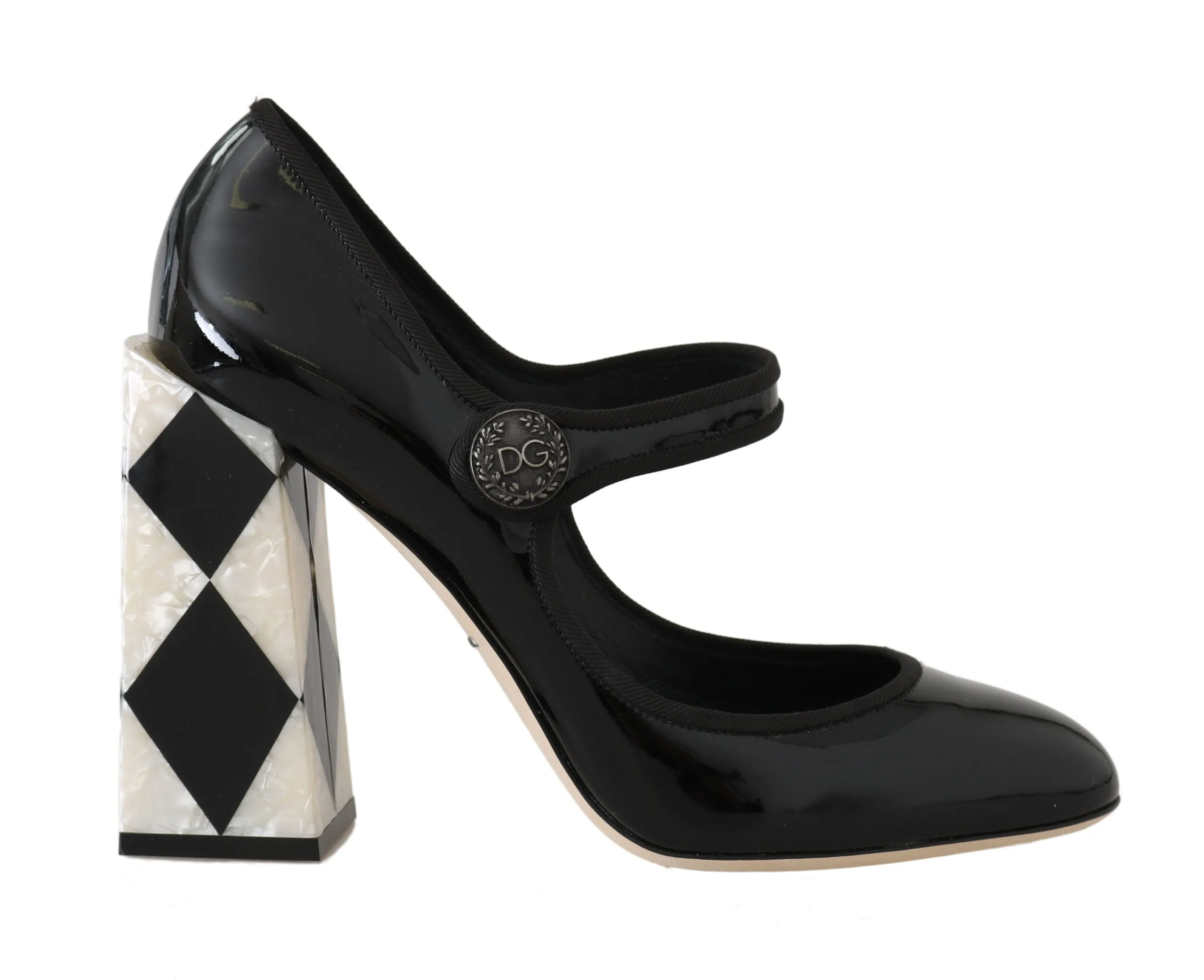 Black Leather Square Heels Pumps