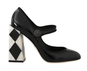 Black Leather Square Heels Pumps
