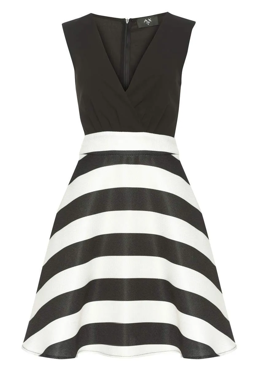 Black Plunge Skater Dress With Striped Print