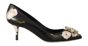 Black Tulip Print Crystal Heels Pumps Shoes