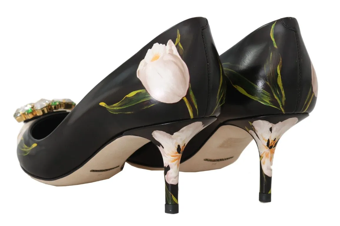 Black Tulip Print Crystal Heels Pumps Shoes